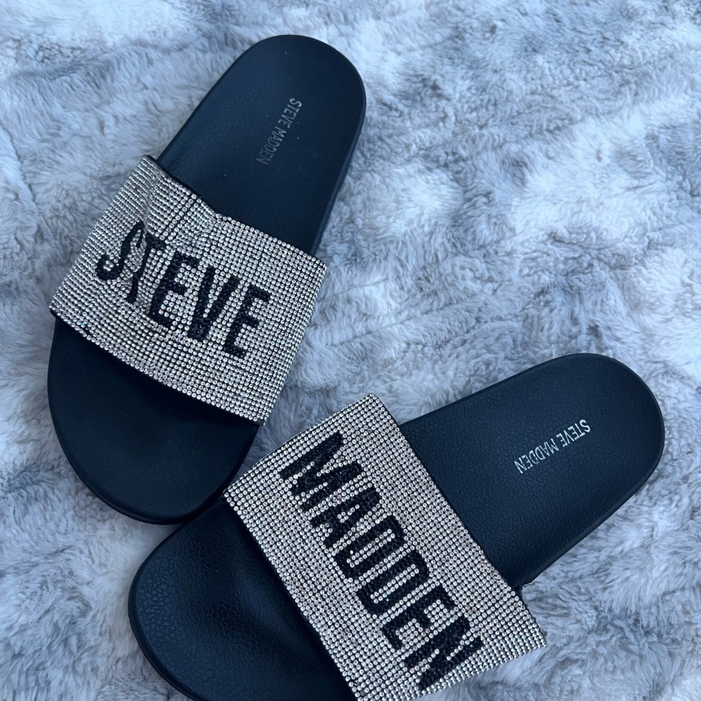 Steve Madden Crystal Logo Slide Sandals - Black & Silver